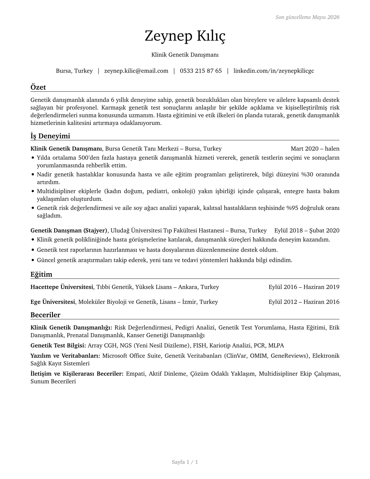 Genetic Counselors CV in Turkish — page 1