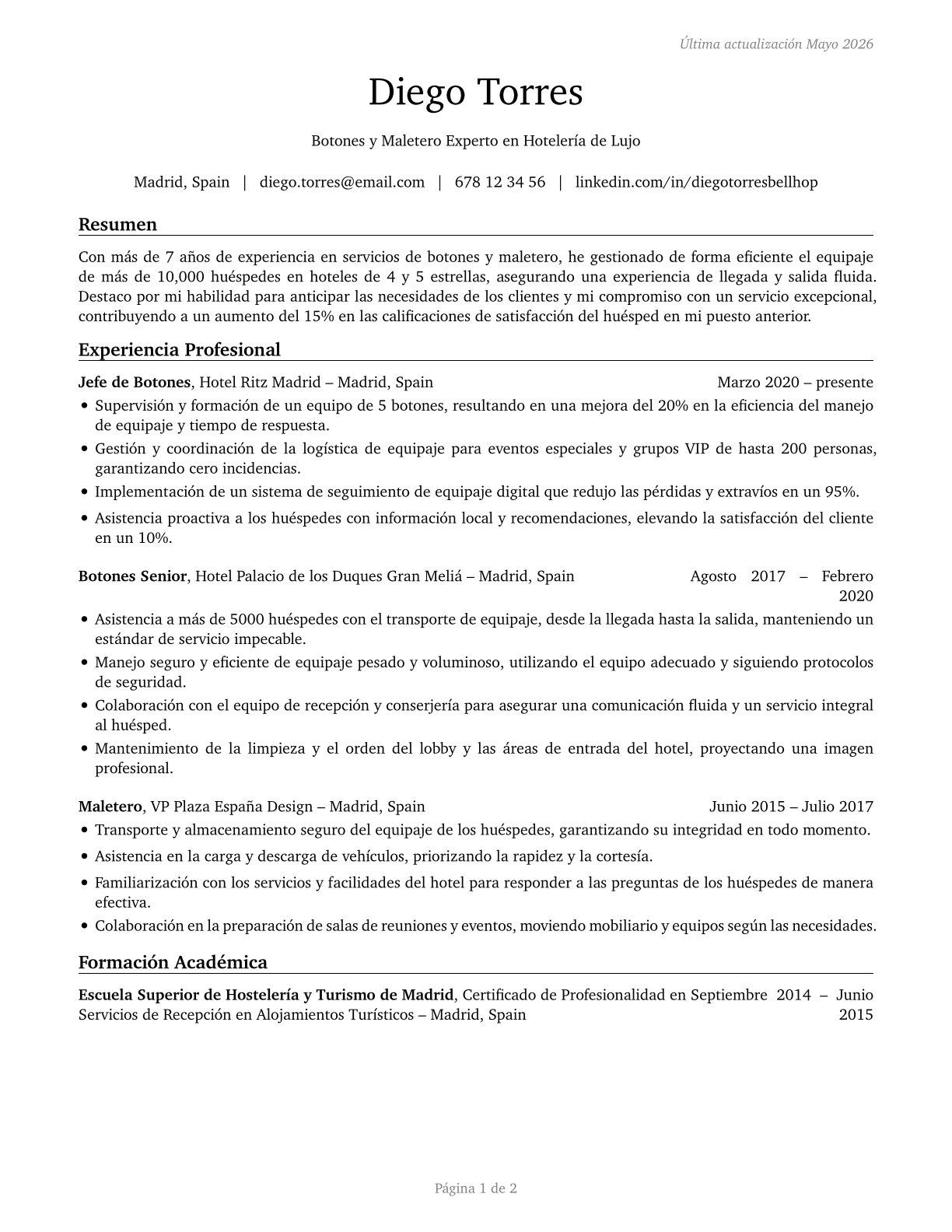 Baggage Porters and Bellhops CV in Spanish — page 1