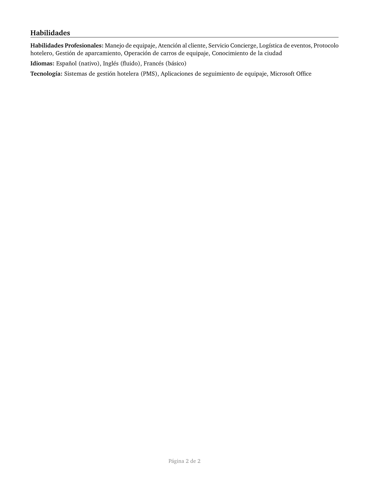Baggage Porters and Bellhops CV in Spanish — page 2