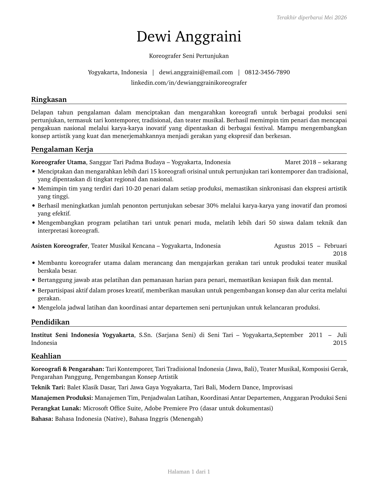 Choreographers CV in Indonesian — page 1