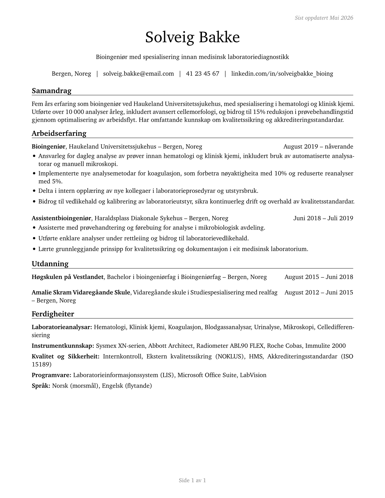 Medical and Clinical Laboratory Technologists CV in Norwegian_nynorsk — page 1