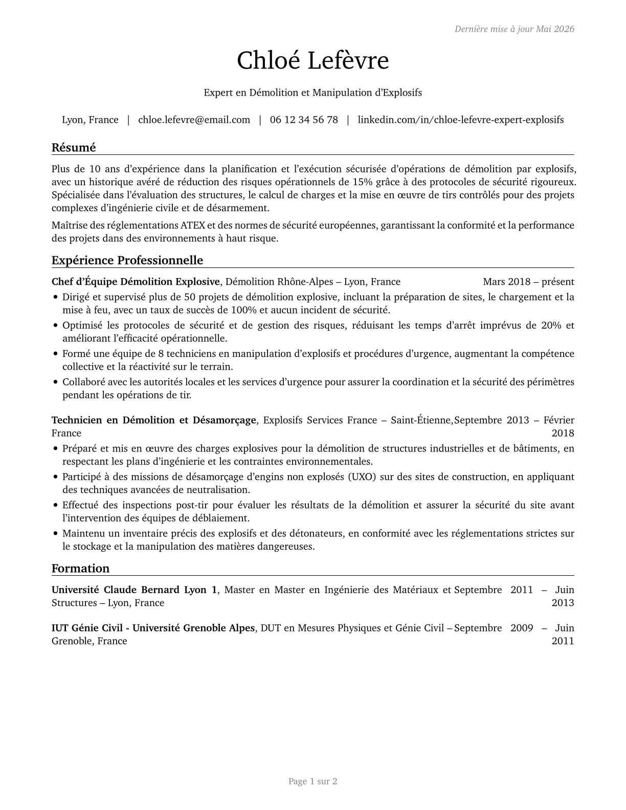 Explosives Workers, Ordnance Handling Experts, and Blasters CV in French — page 1