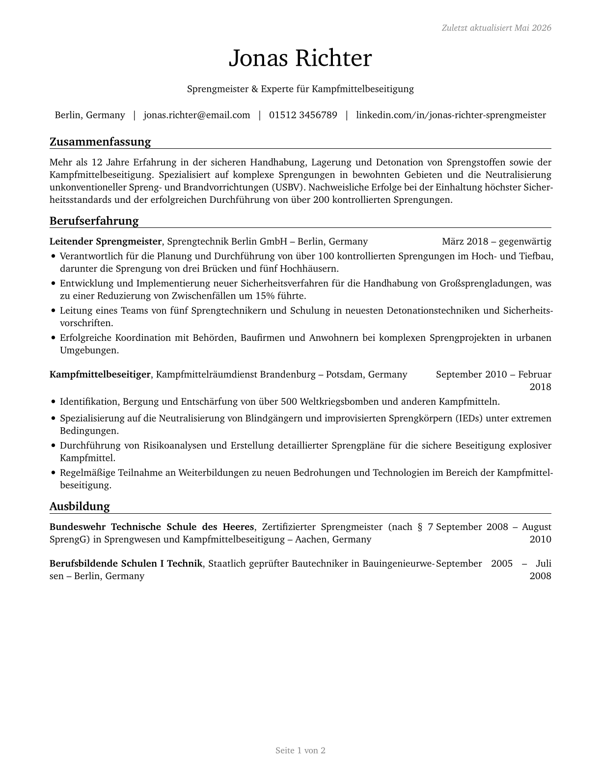 Explosives Workers, Ordnance Handling Experts, and Blasters CV in German — page 1