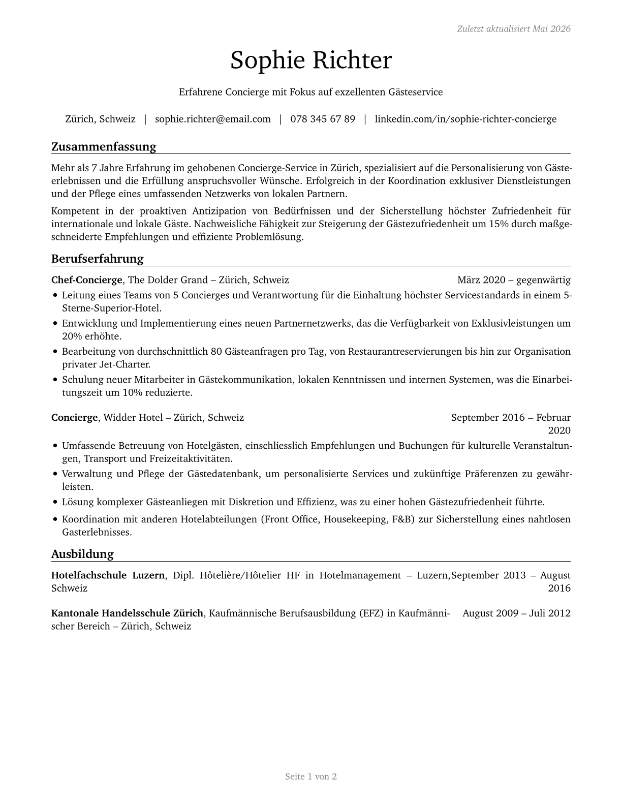 Concierges CV in German — page 1