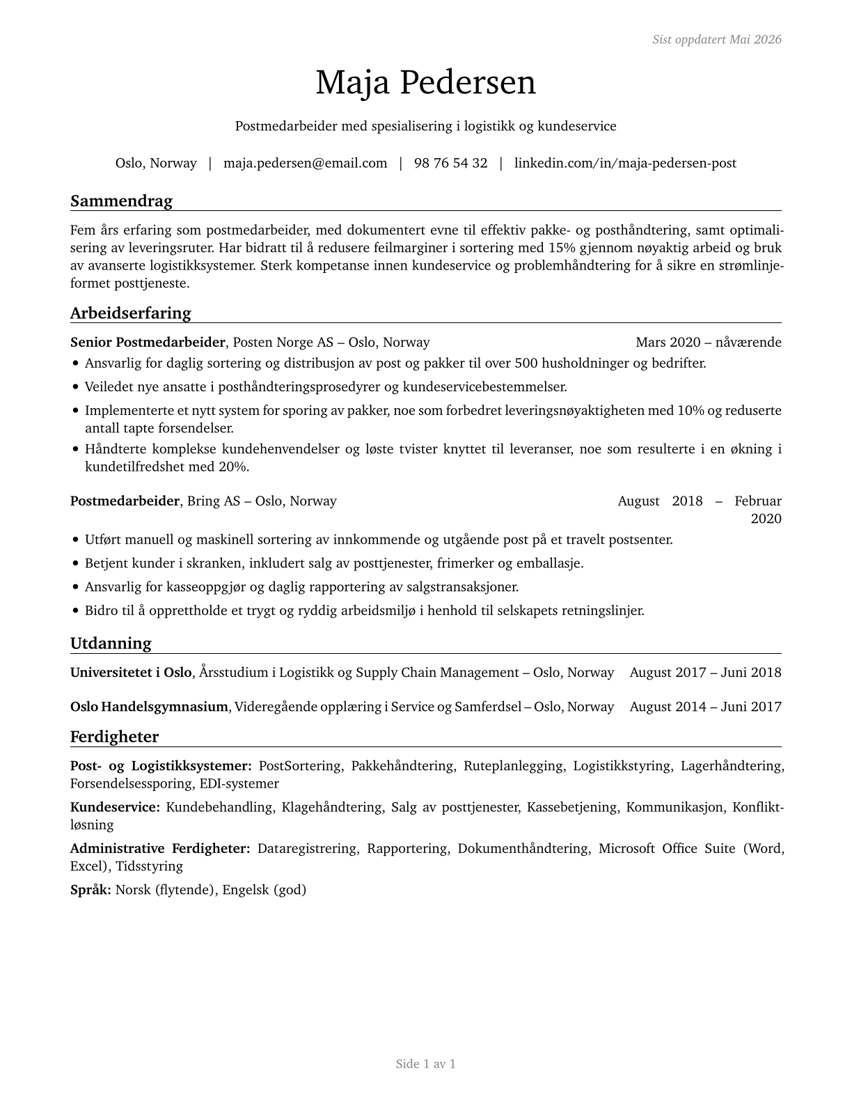 Postal Service Clerks CV in Norwegian_bokmal — page 1
