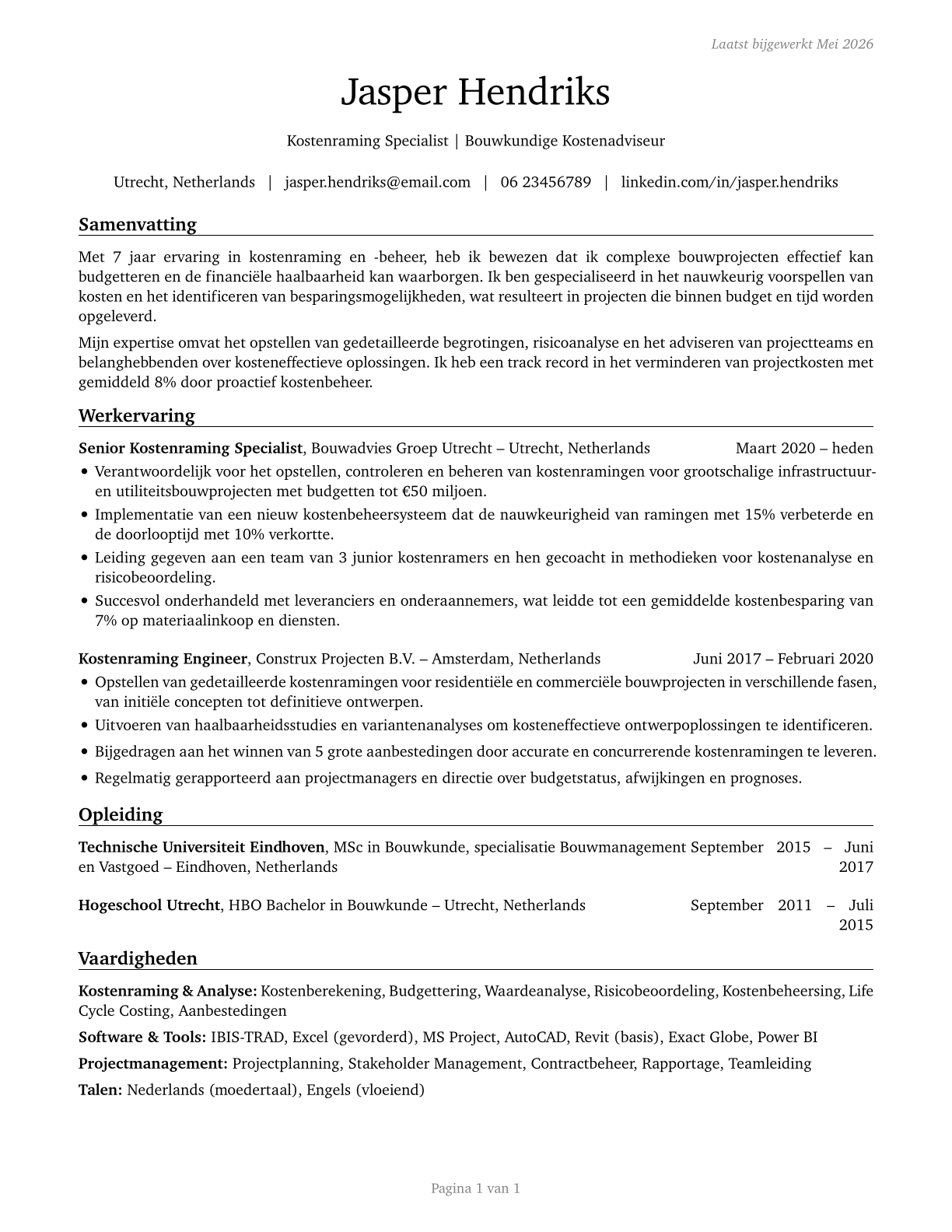 Cost Estimators CV in Dutch — page 1