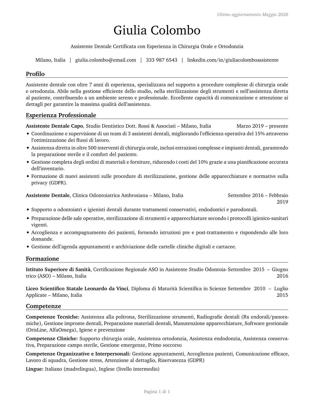 Dental Assistants CV in Italian — page 1