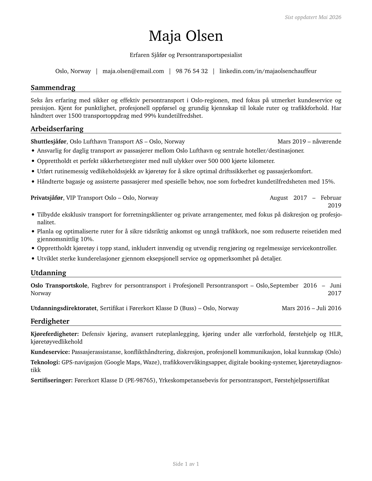 Shuttle Drivers and Chauffeurs CV in Norwegian_bokmal — page 1