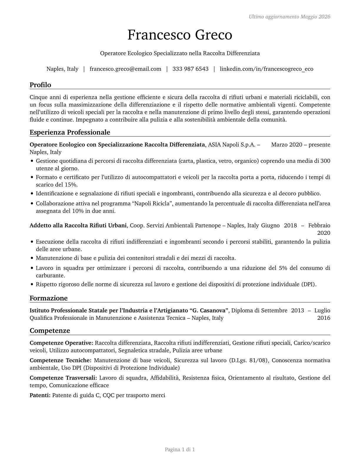 Refuse and Recyclable Material Collectors CV in Italian — page 1