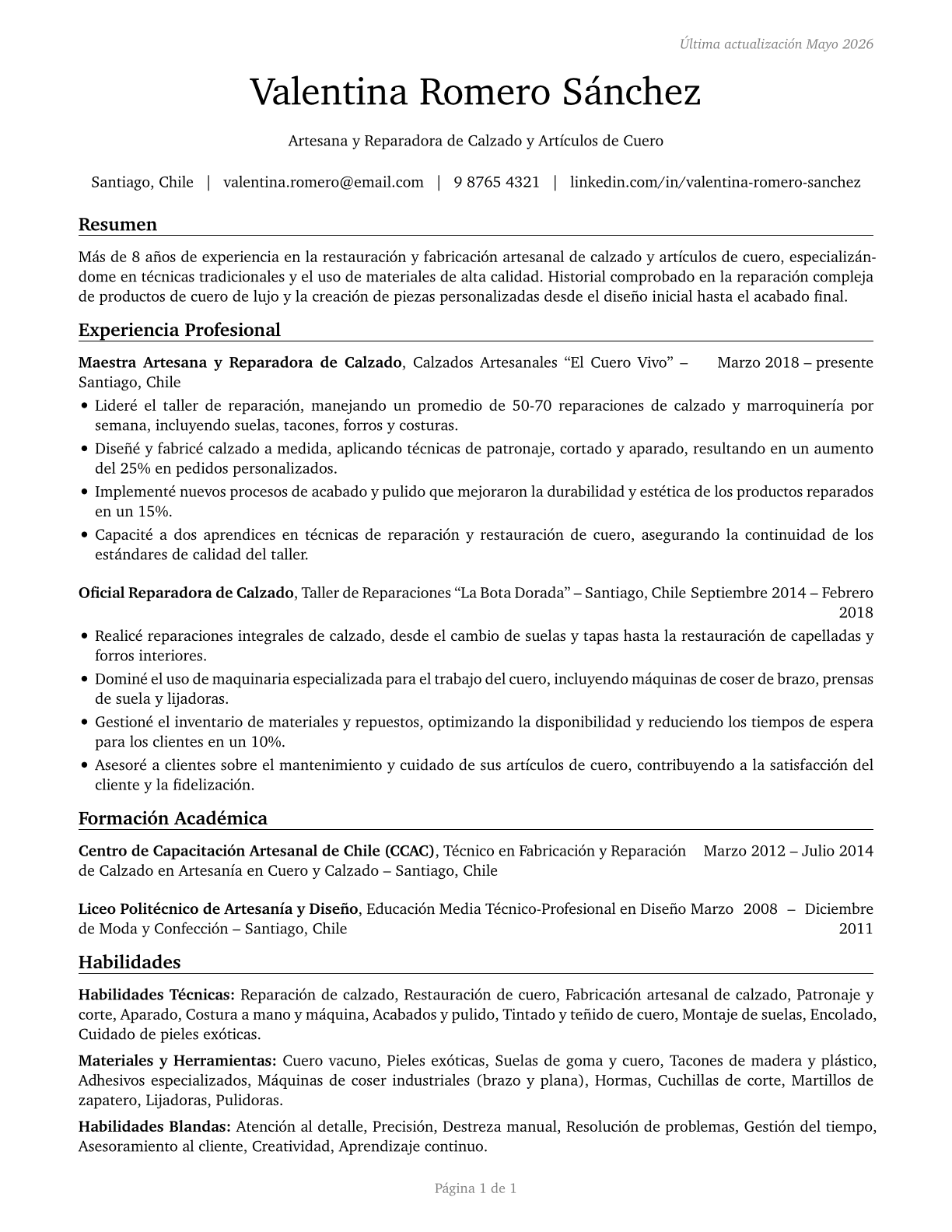 Shoe and Leather Workers and Repairers CV in Spanish — page 1