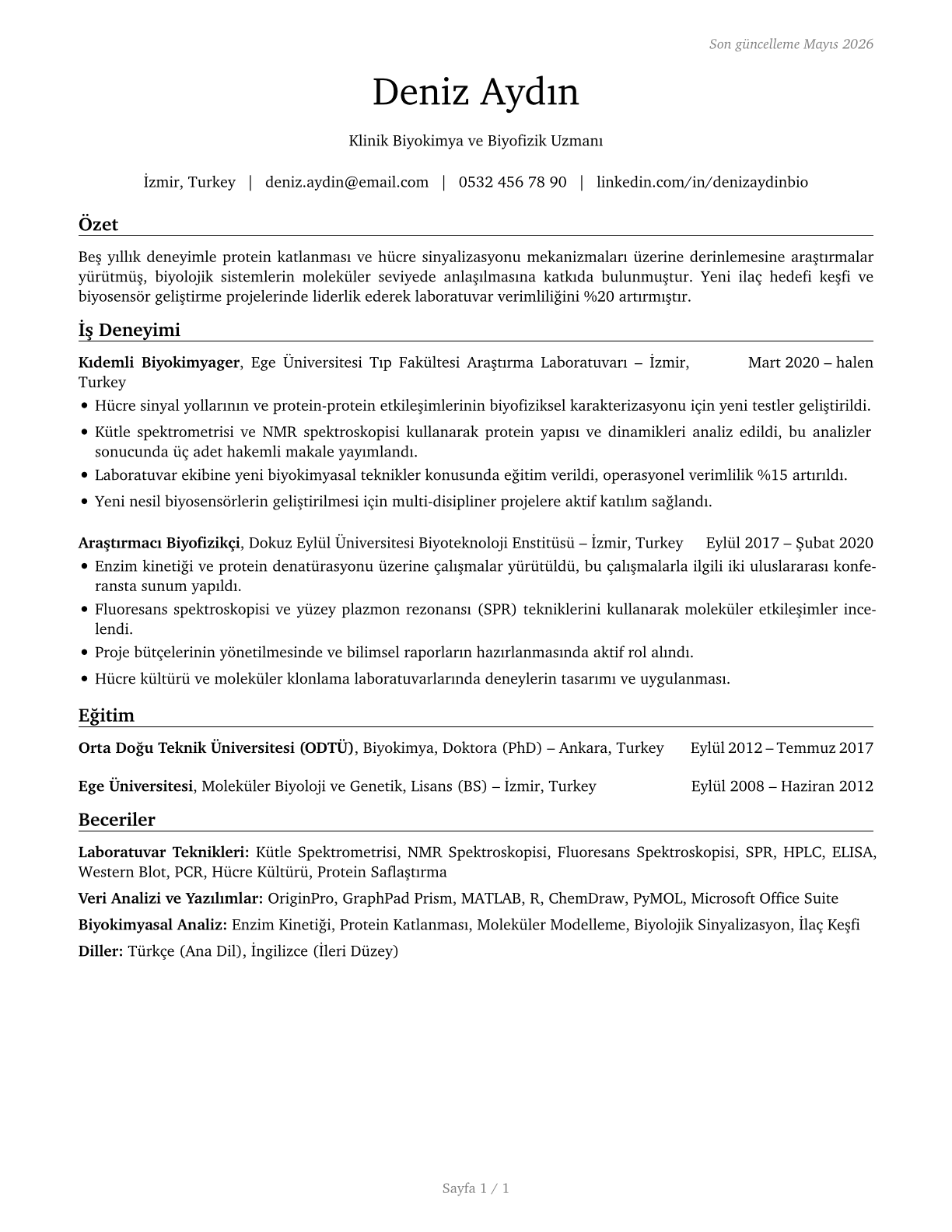 Biochemists and Biophysicists CV in Turkish — page 1
