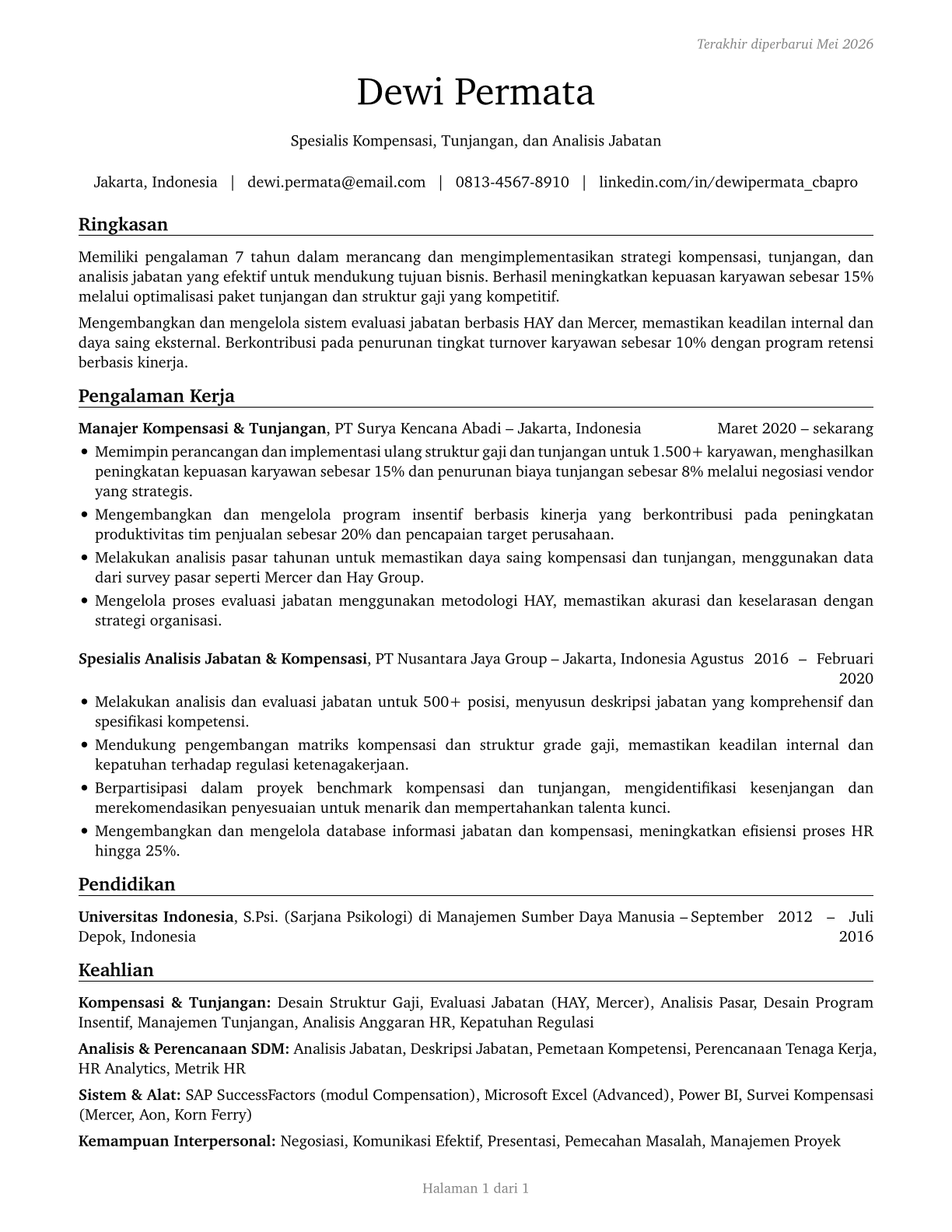 Compensation, Benefits, and Job Analysis Specialists CV in Indonesian — page 1