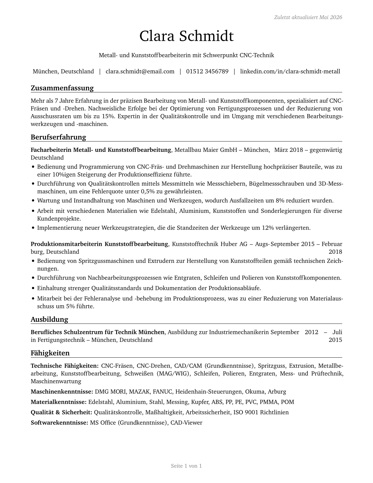 Metal Workers and Plastic Workers, All Other CV in German — page 1