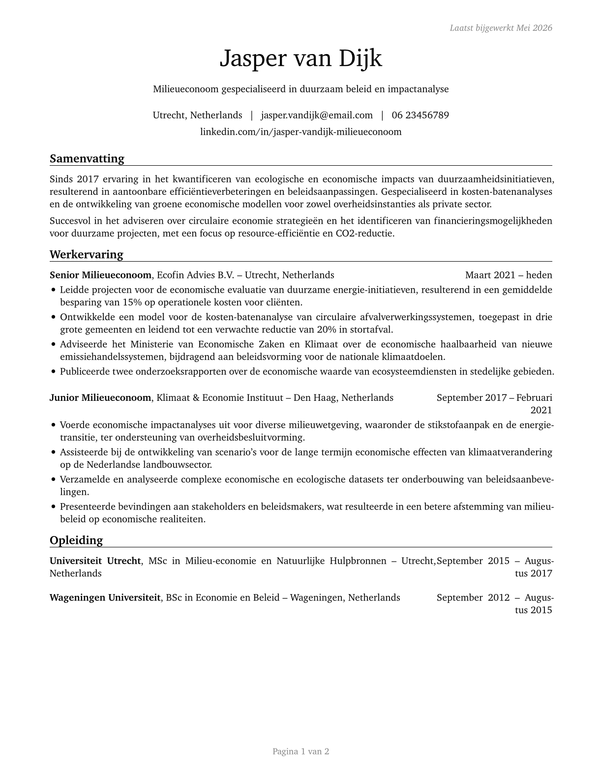 Environmental Economists CV in Dutch — page 1