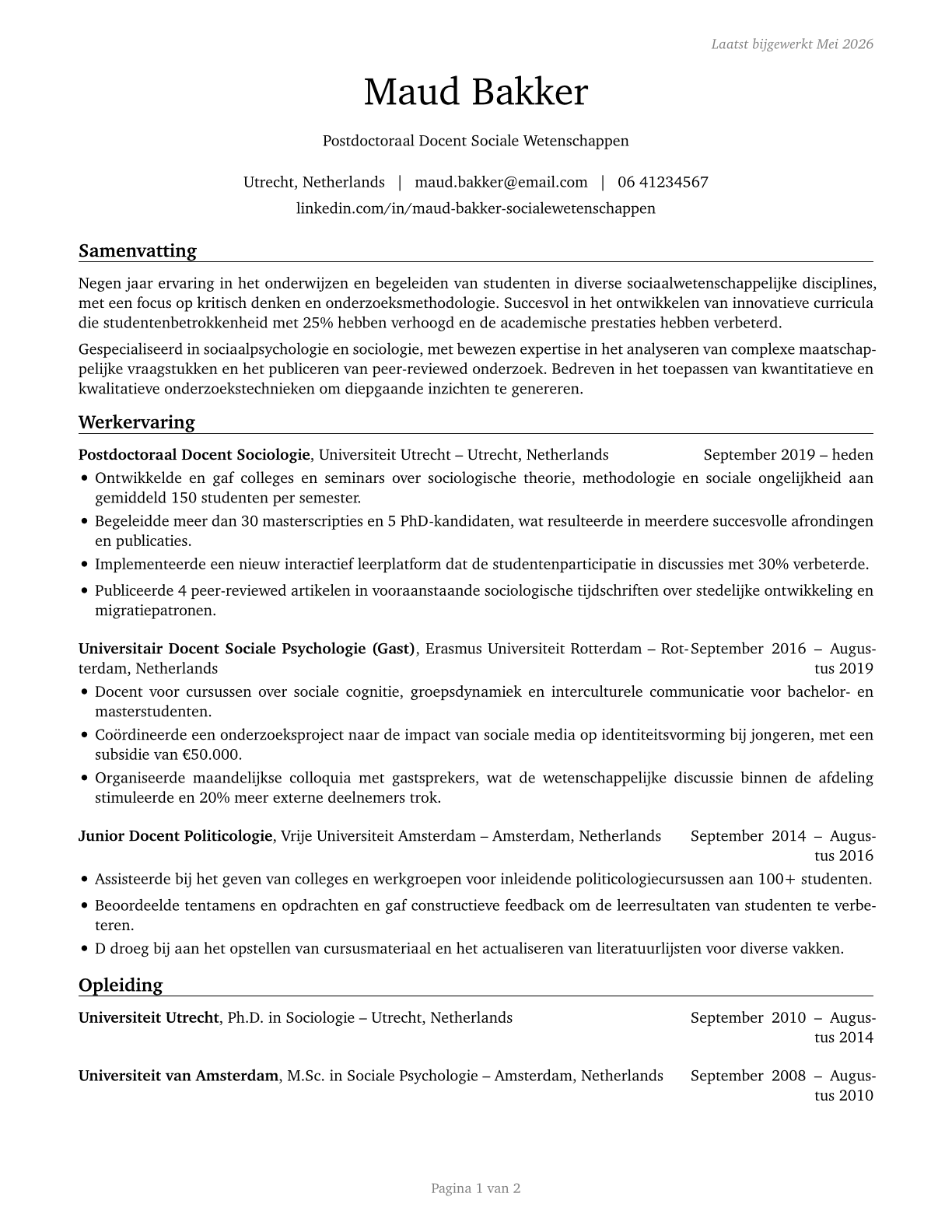 Social Sciences Teachers, Postsecondary, All Other CV in Dutch — page 1