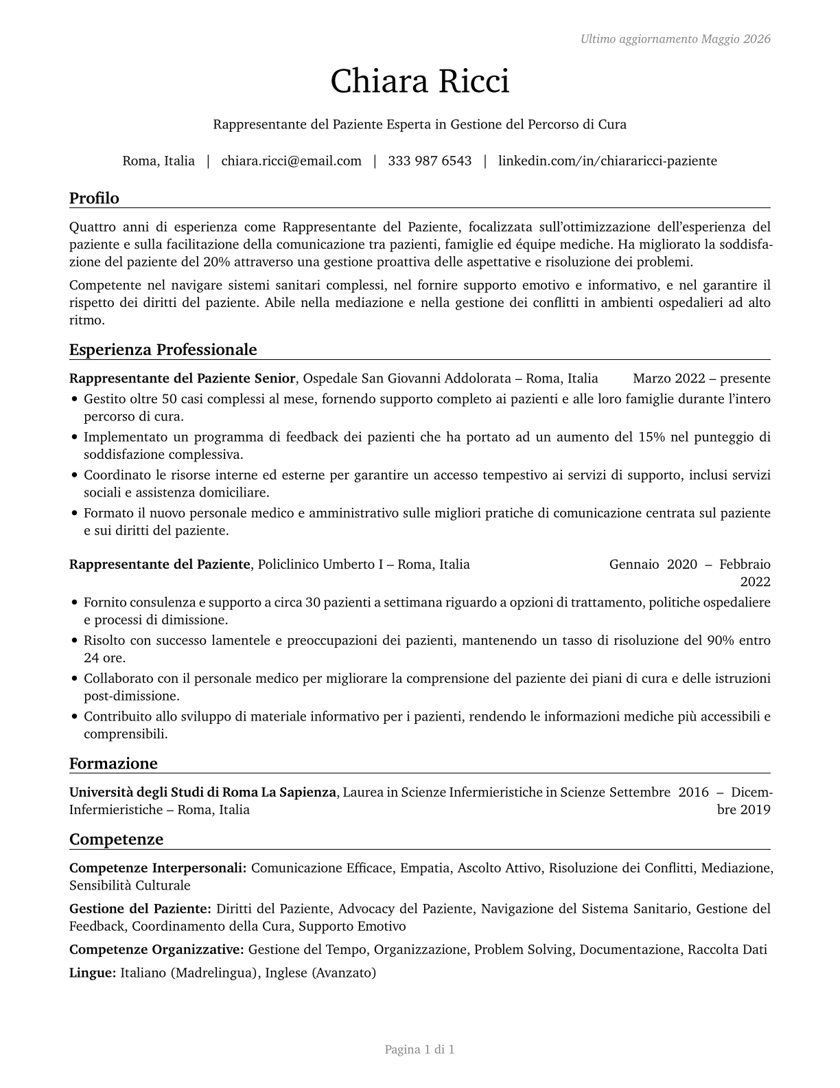 Patient Representatives CV in Italian — page 1