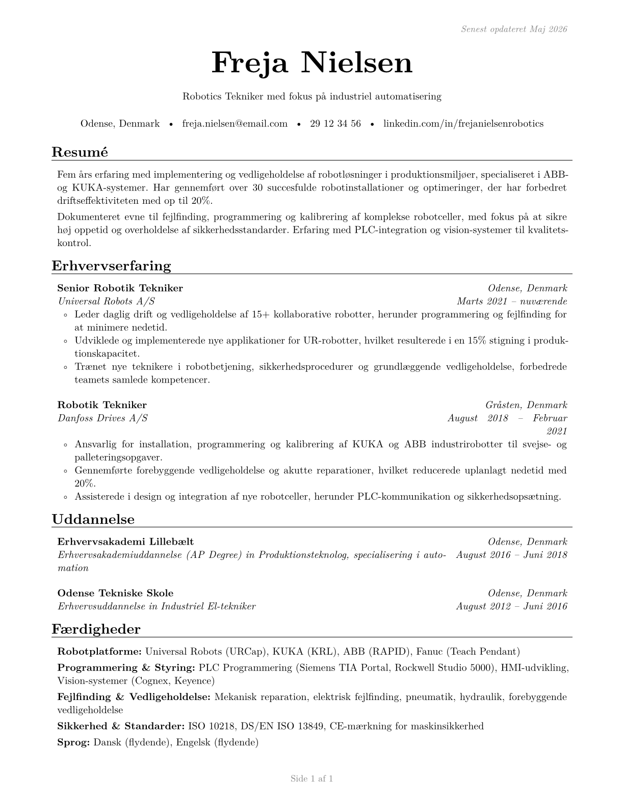 Robotics Technicians CV in Danish — page 1