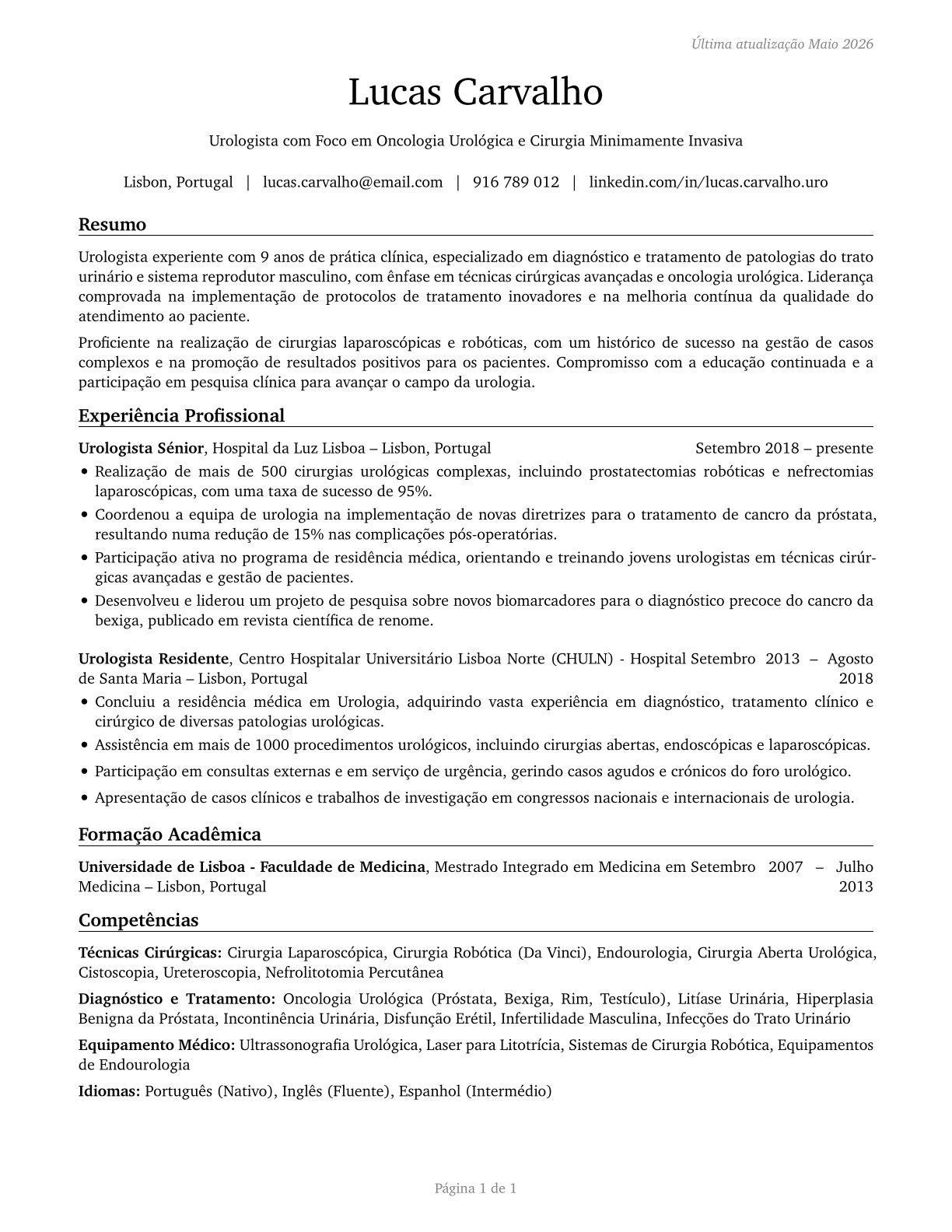 Urologists CV in Portuguese — page 1