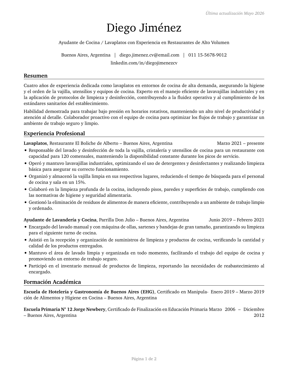 Dishwashers CV in Spanish — page 1