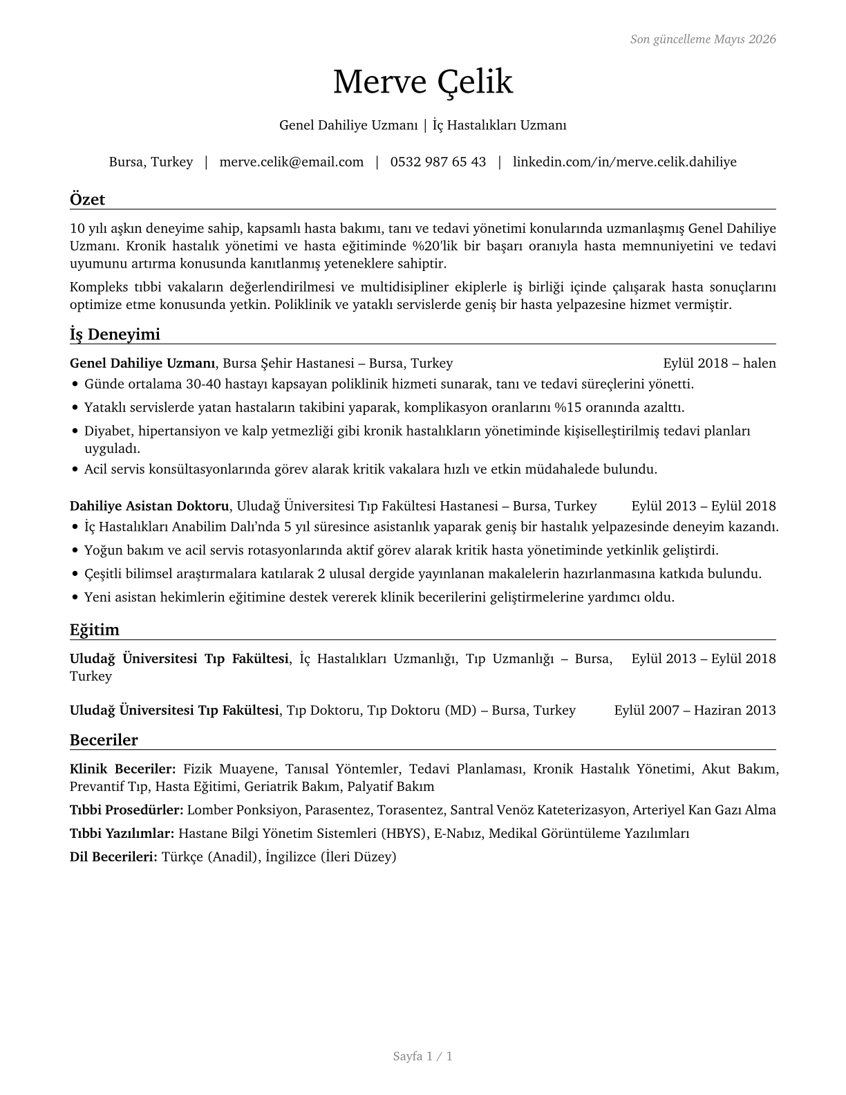 General Internal Medicine Physicians CV in Turkish — page 1