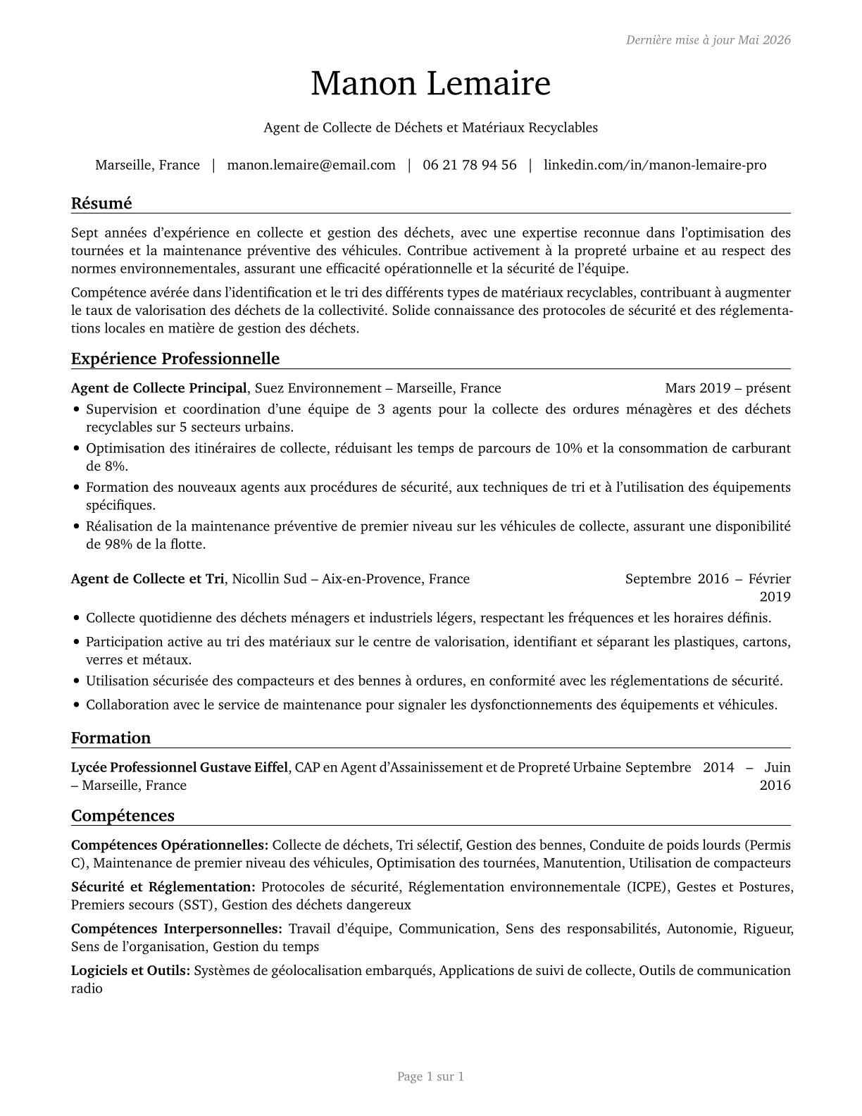 Refuse and Recyclable Material Collectors CV in French — page 1