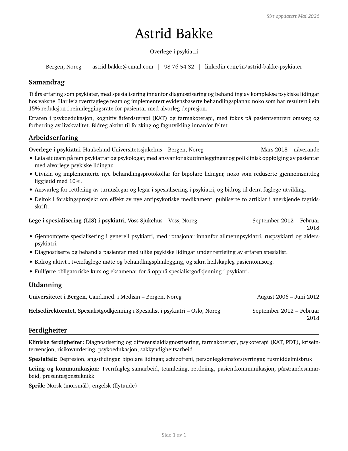 Psychiatrists CV in Norwegian_nynorsk — page 1