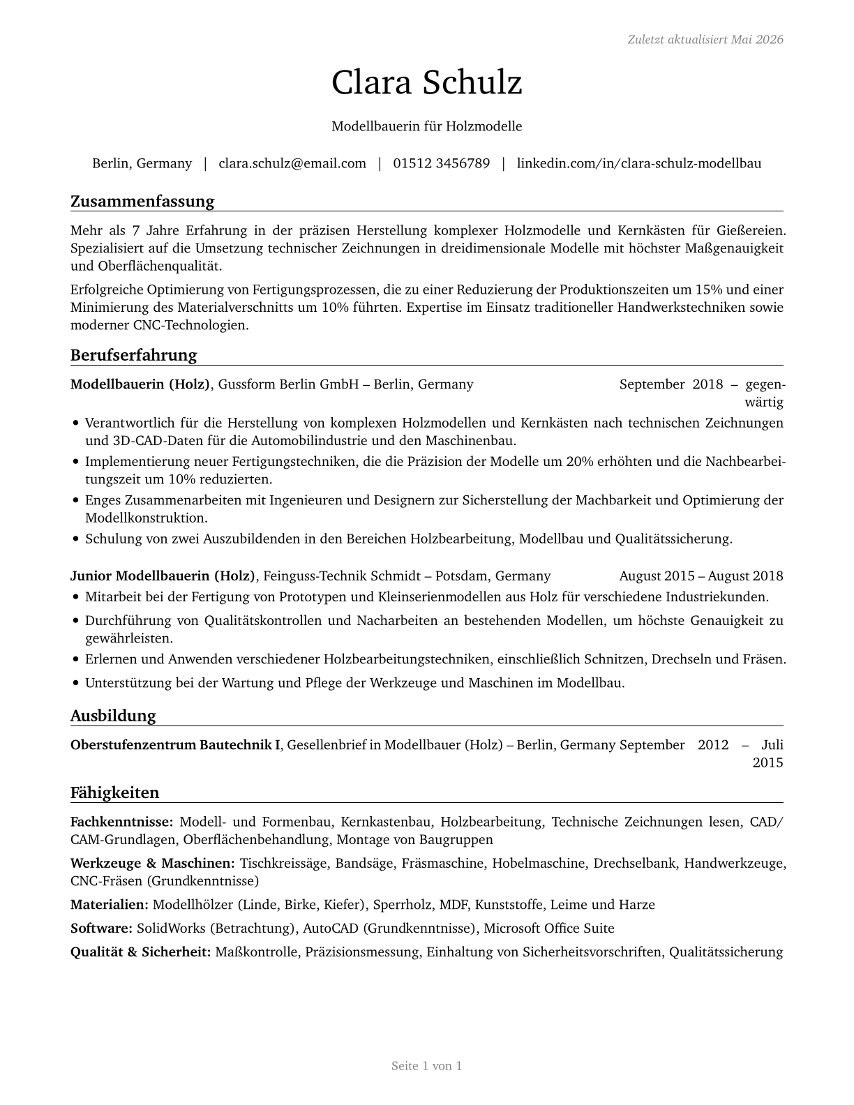 Patternmakers, Wood CV in German — page 1