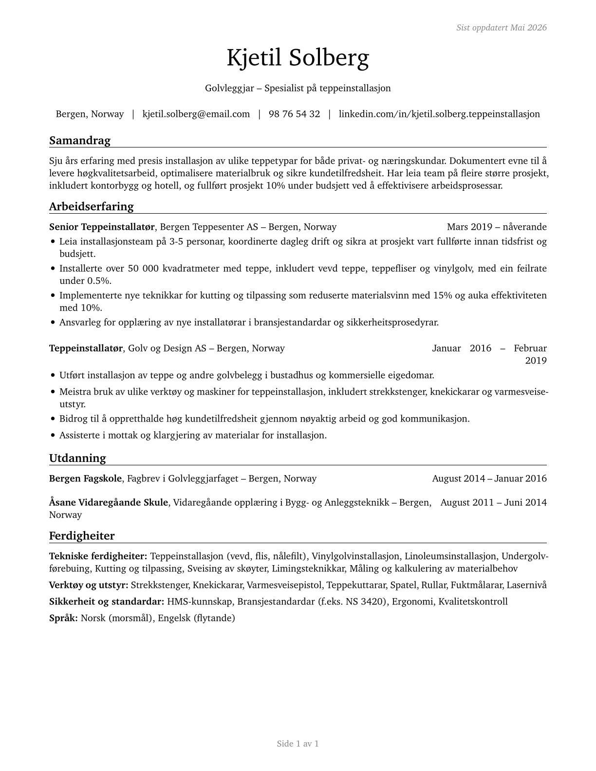 Carpet Installers CV in Norwegian_nynorsk — page 1