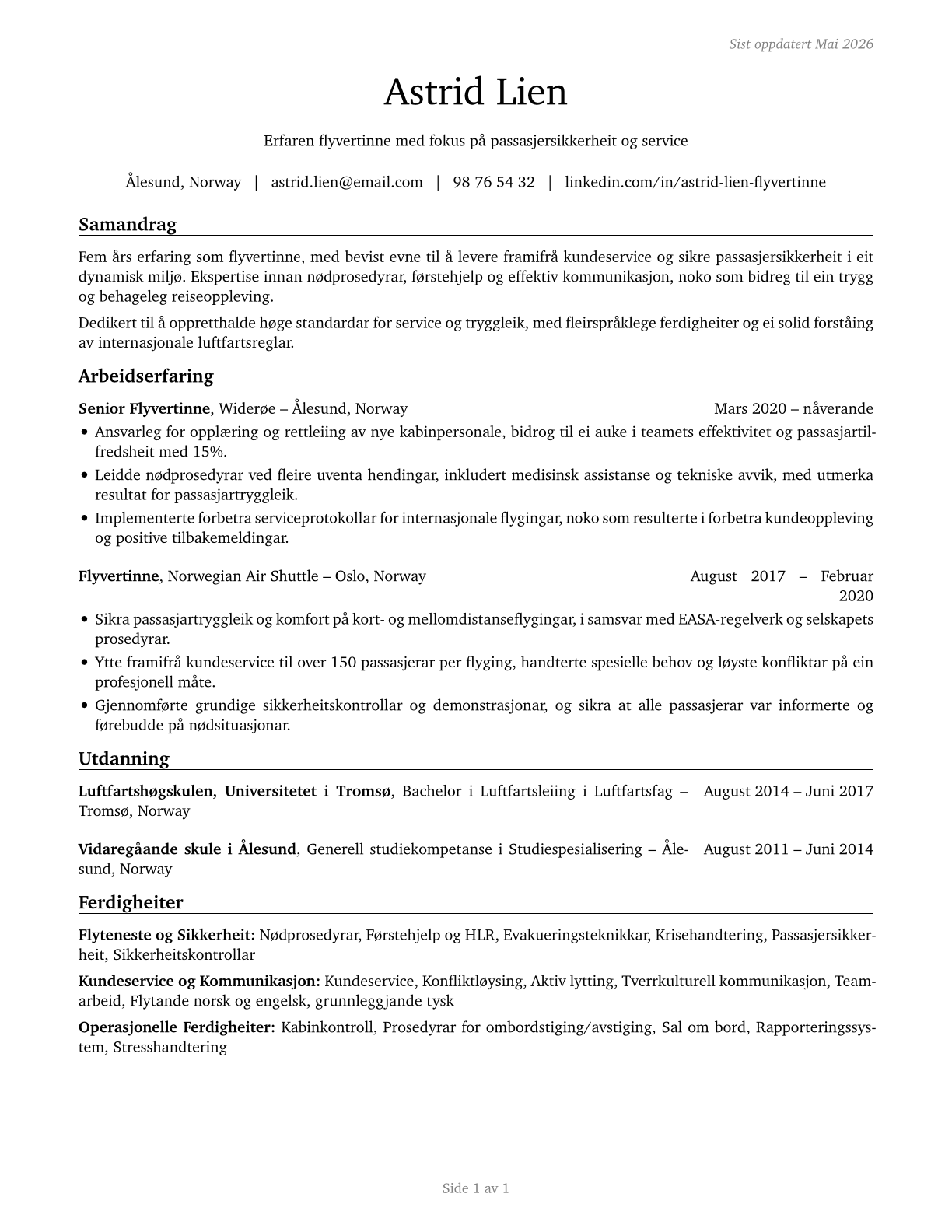 Flight Attendants CV in Norwegian_nynorsk — page 1