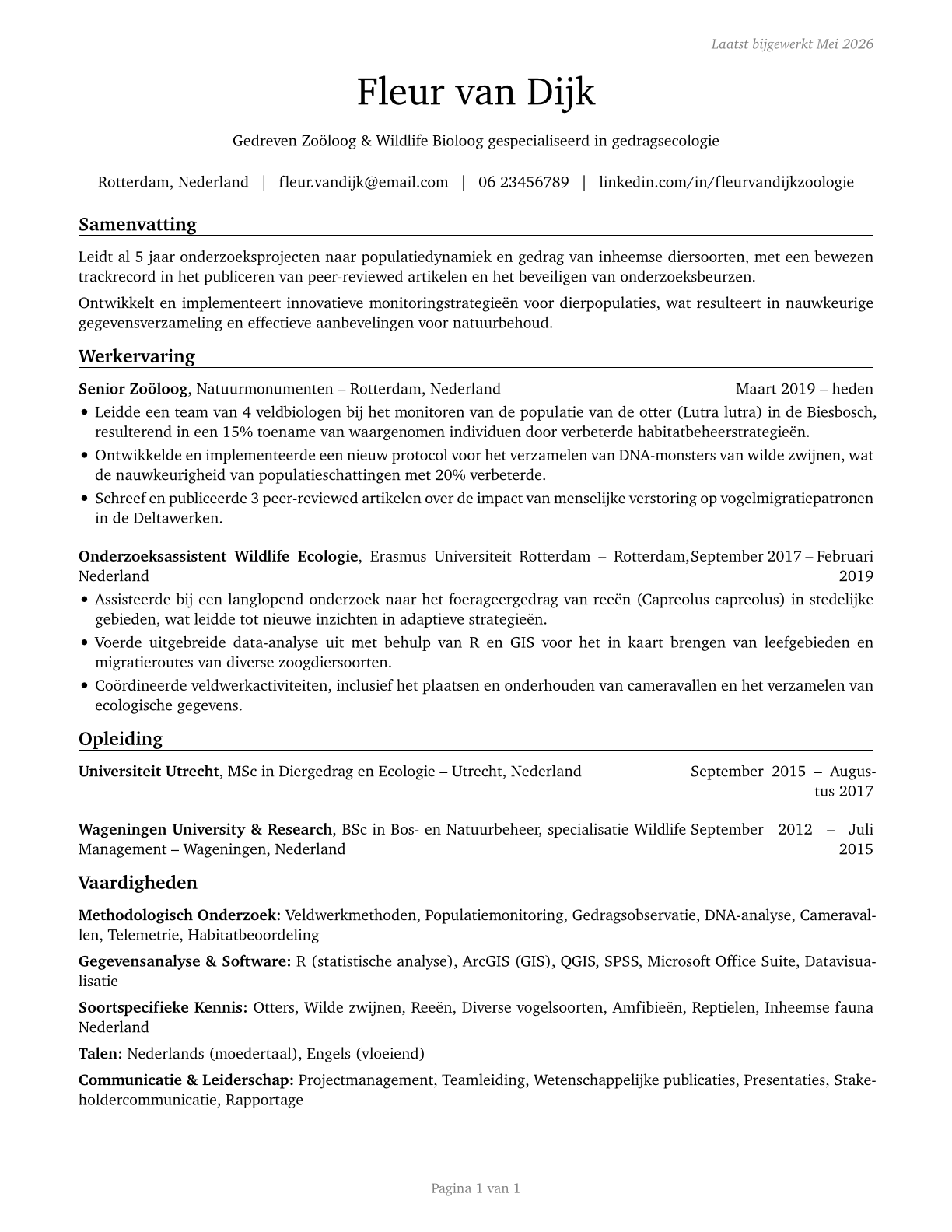Zoologists and Wildlife Biologists CV in Dutch — page 1