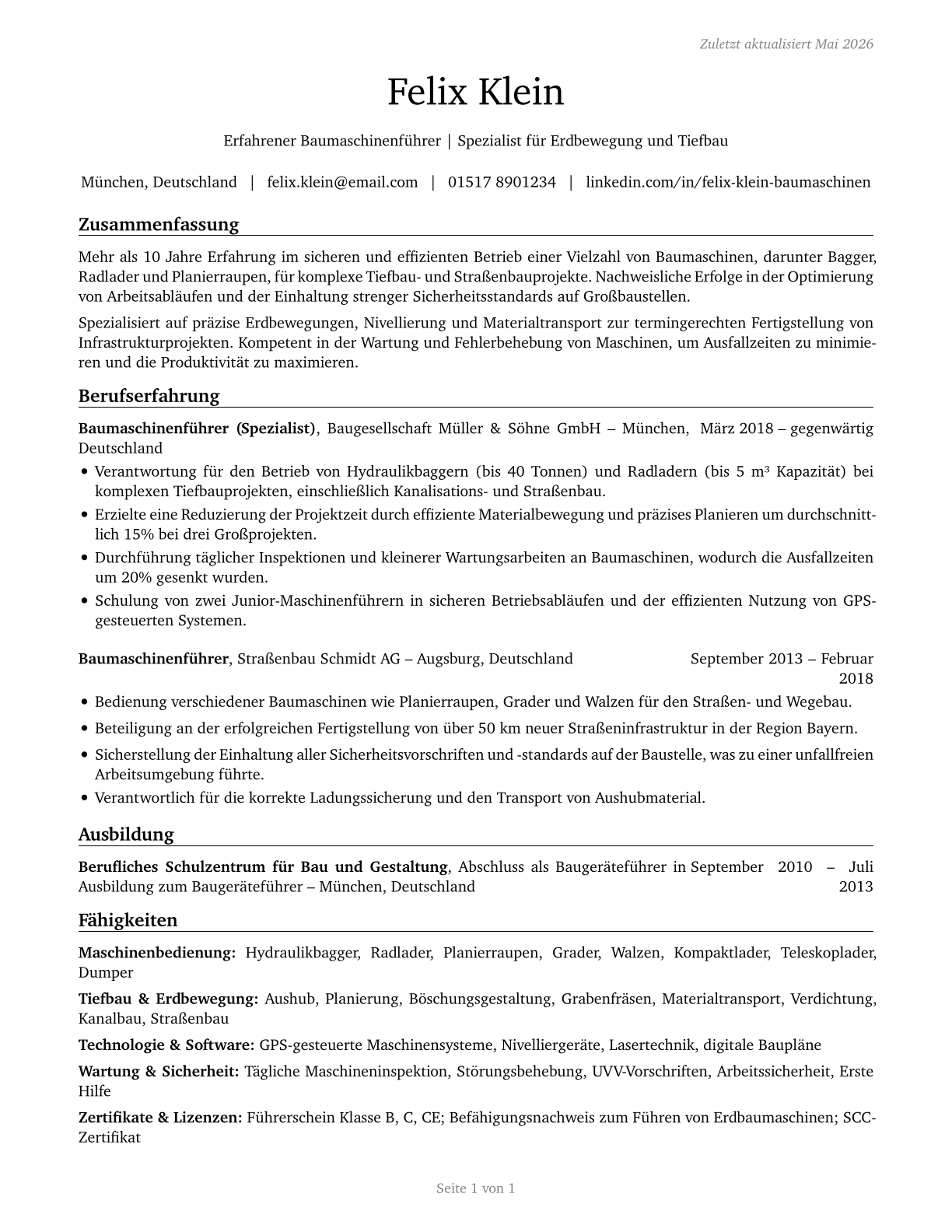 Operating Engineers and Other Construction Equipment Operators CV in German — page 1