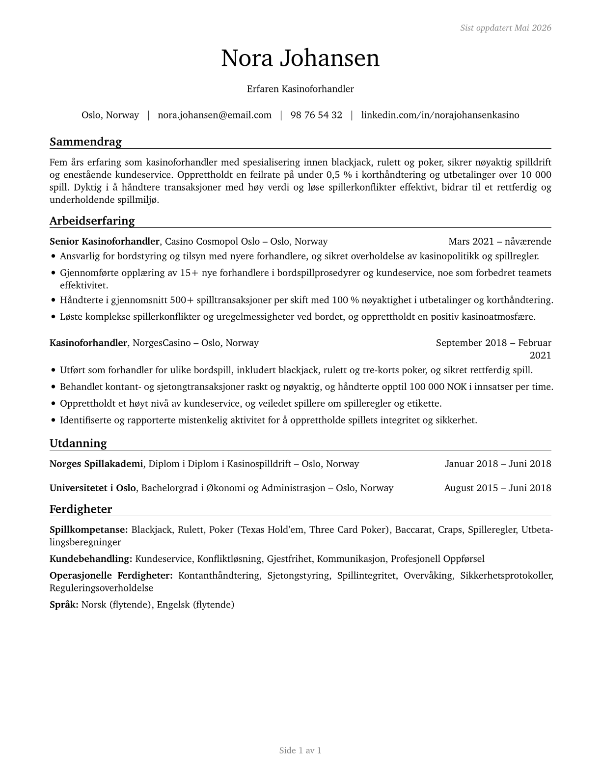 Gambling Dealers CV in Norwegian_bokmal — page 1