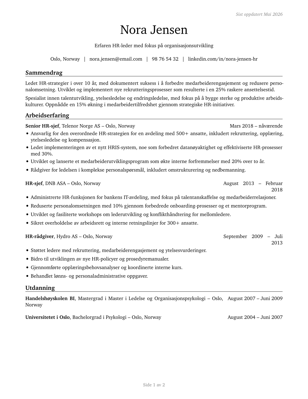 Human Resources Managers CV in Norwegian_bokmal — page 1