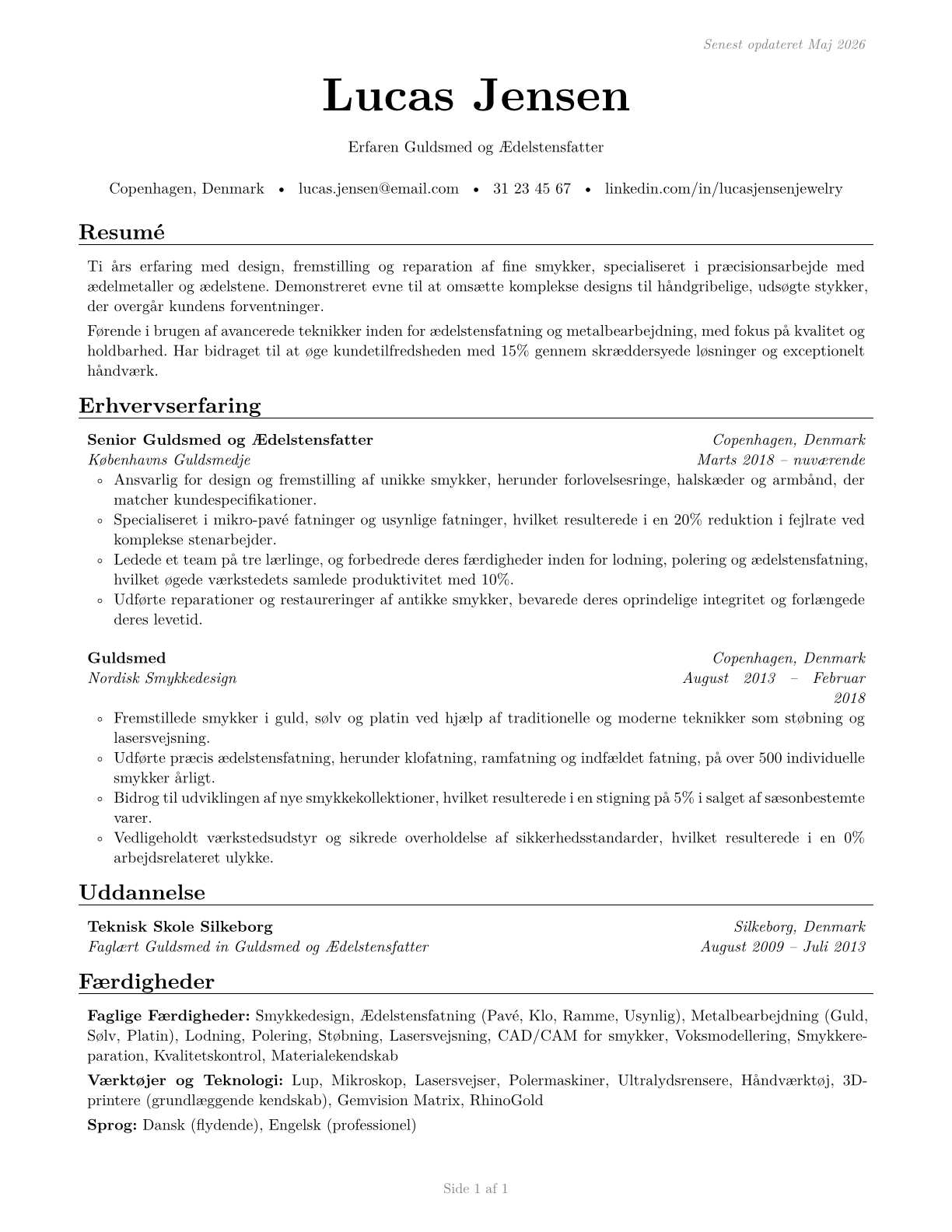 Jewelers and Precious Stone and Metal Workers CV in Danish — page 1