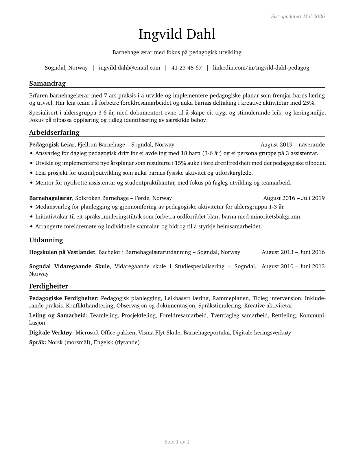 Preschool Teachers, Except Special Education CV in Norwegian_nynorsk — page 1