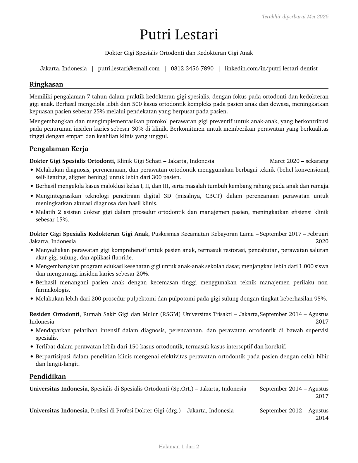 Dentists, All Other Specialists CV in Indonesian — page 1