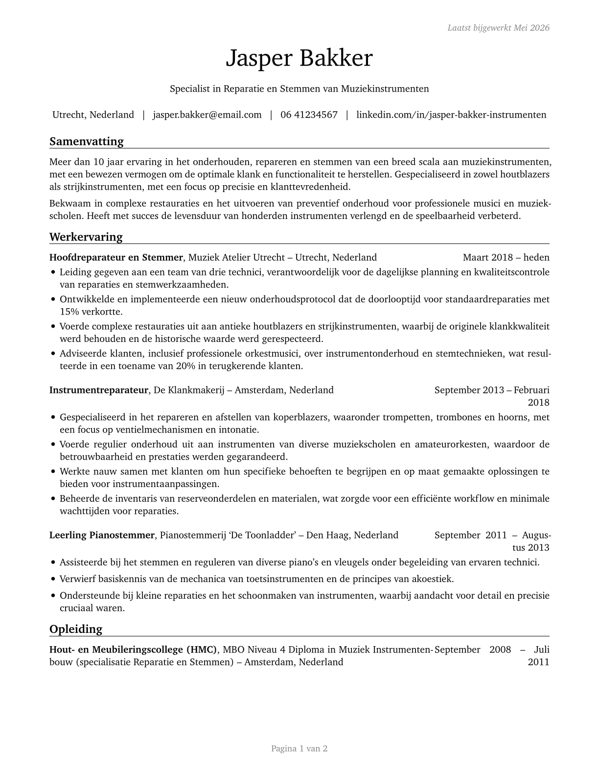 Musical Instrument Repairers and Tuners CV in Dutch — page 1