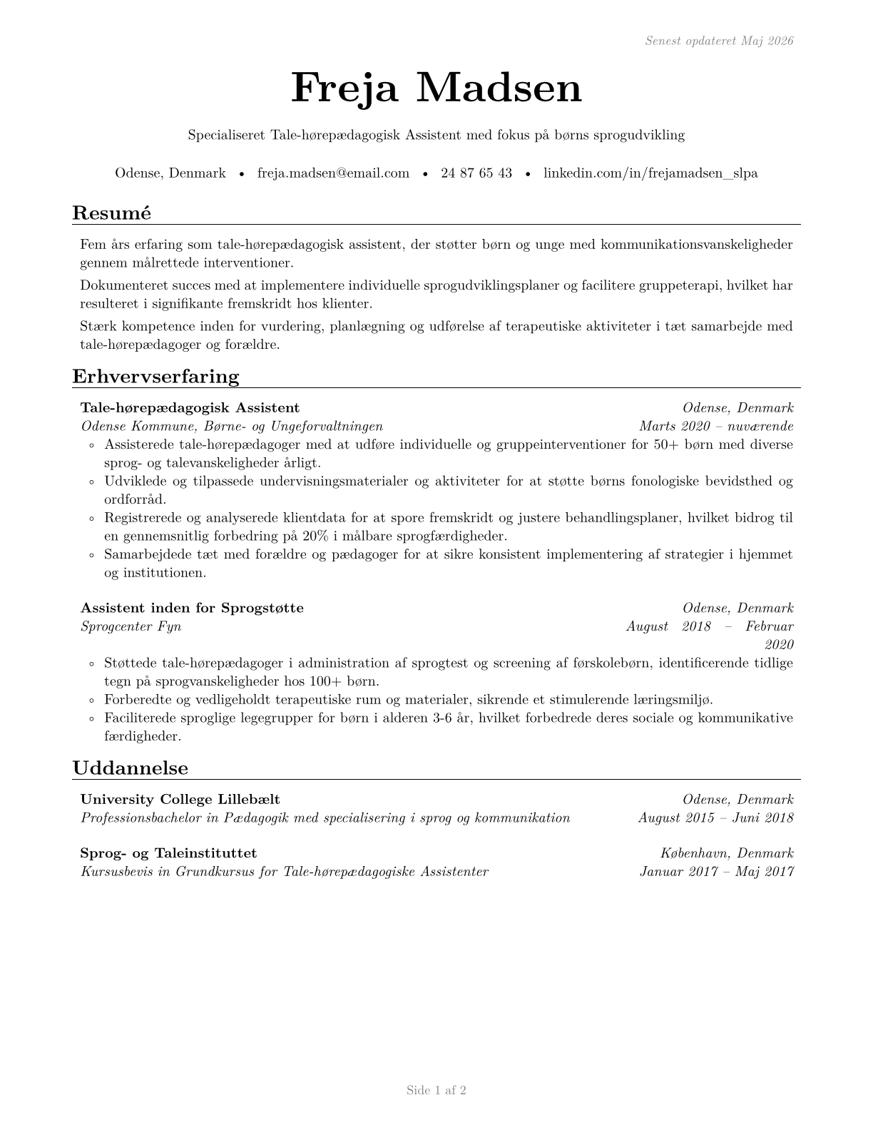 Speech-Language Pathology Assistants CV in Danish — page 1