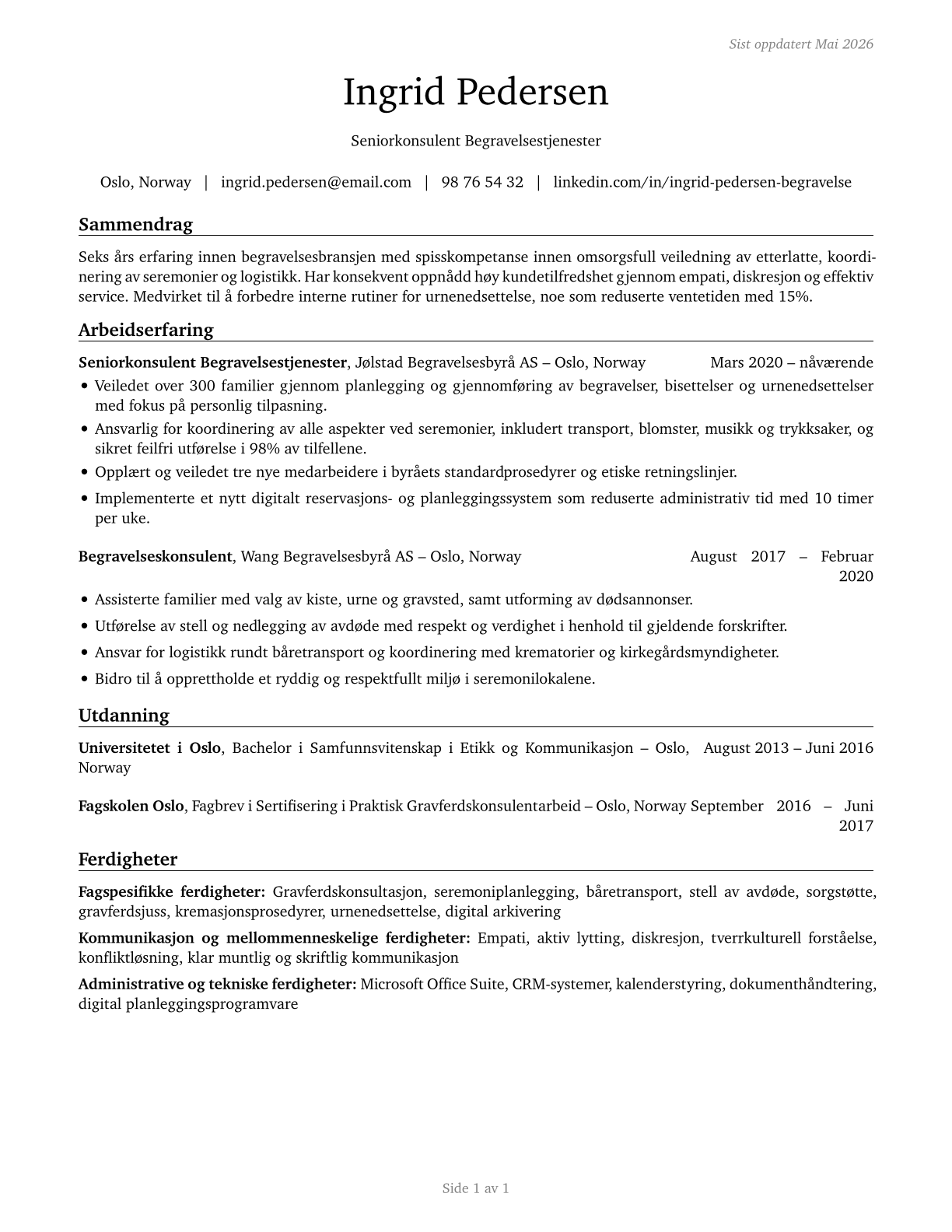 Funeral Attendants CV in Norwegian_bokmal — page 1