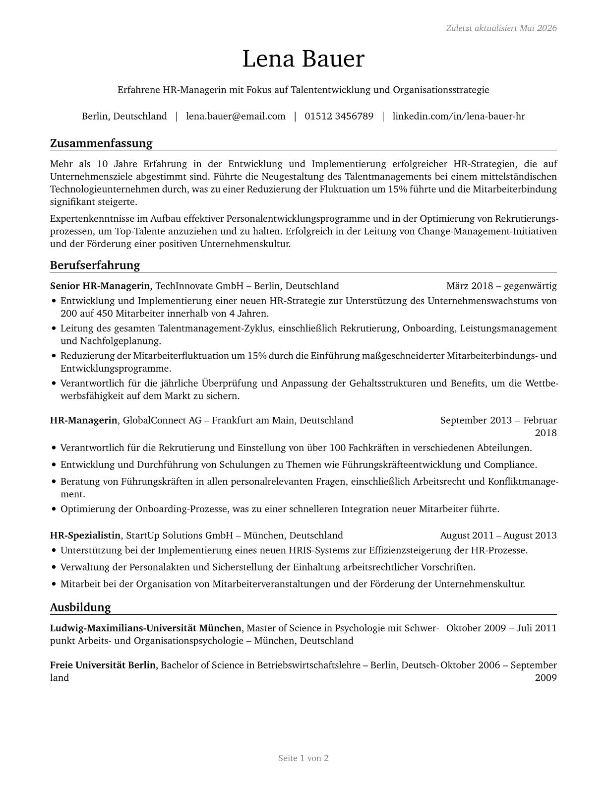 Human Resources Managers CV in German — page 1