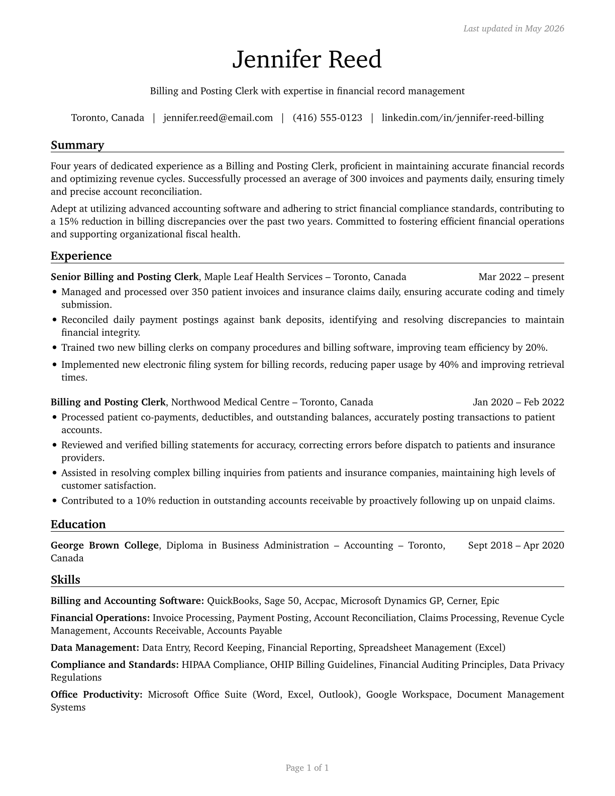 Billing and Posting Clerks CV in English — page 1