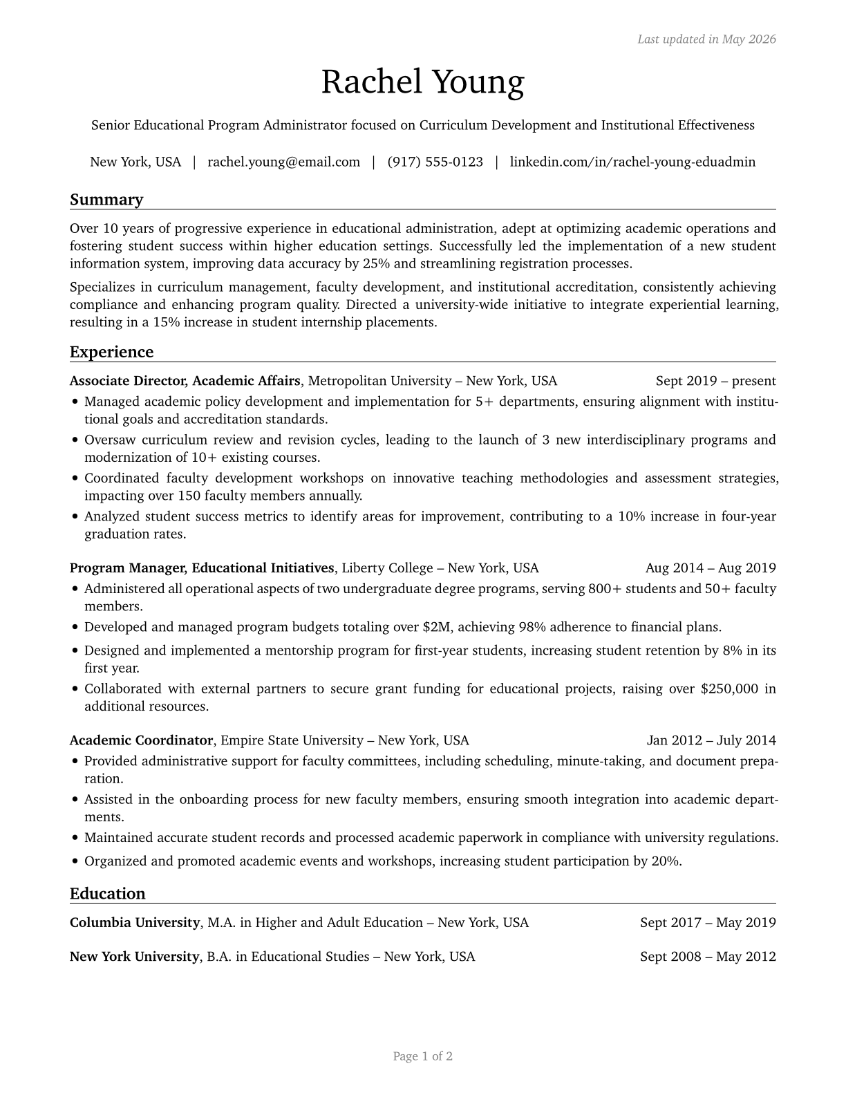 Education Administrators, All Other CV in English — page 1