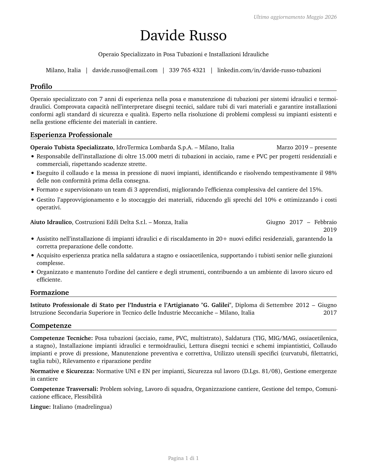 Helpers--Pipelayers, Plumbers, Pipefitters, and Steamfitters CV in Italian — page 1