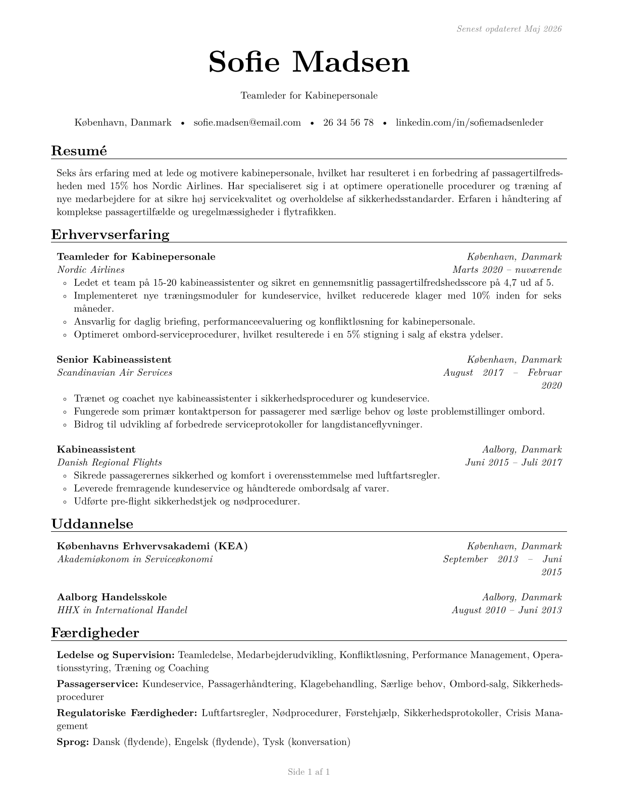First-Line Supervisors of Passenger Attendants CV in Danish — page 1