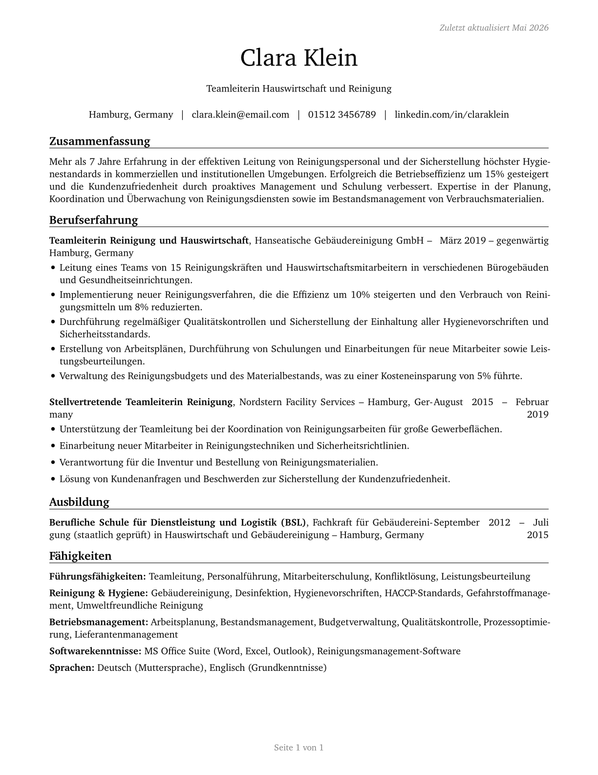 First-Line Supervisors of Housekeeping and Janitorial Workers CV in German — page 1