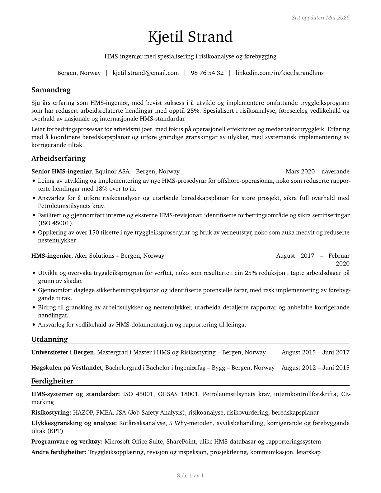 Health and Safety Engineers, Except Mining Safety Engineers and Inspectors CV in Norwegian_nynorsk — page 1