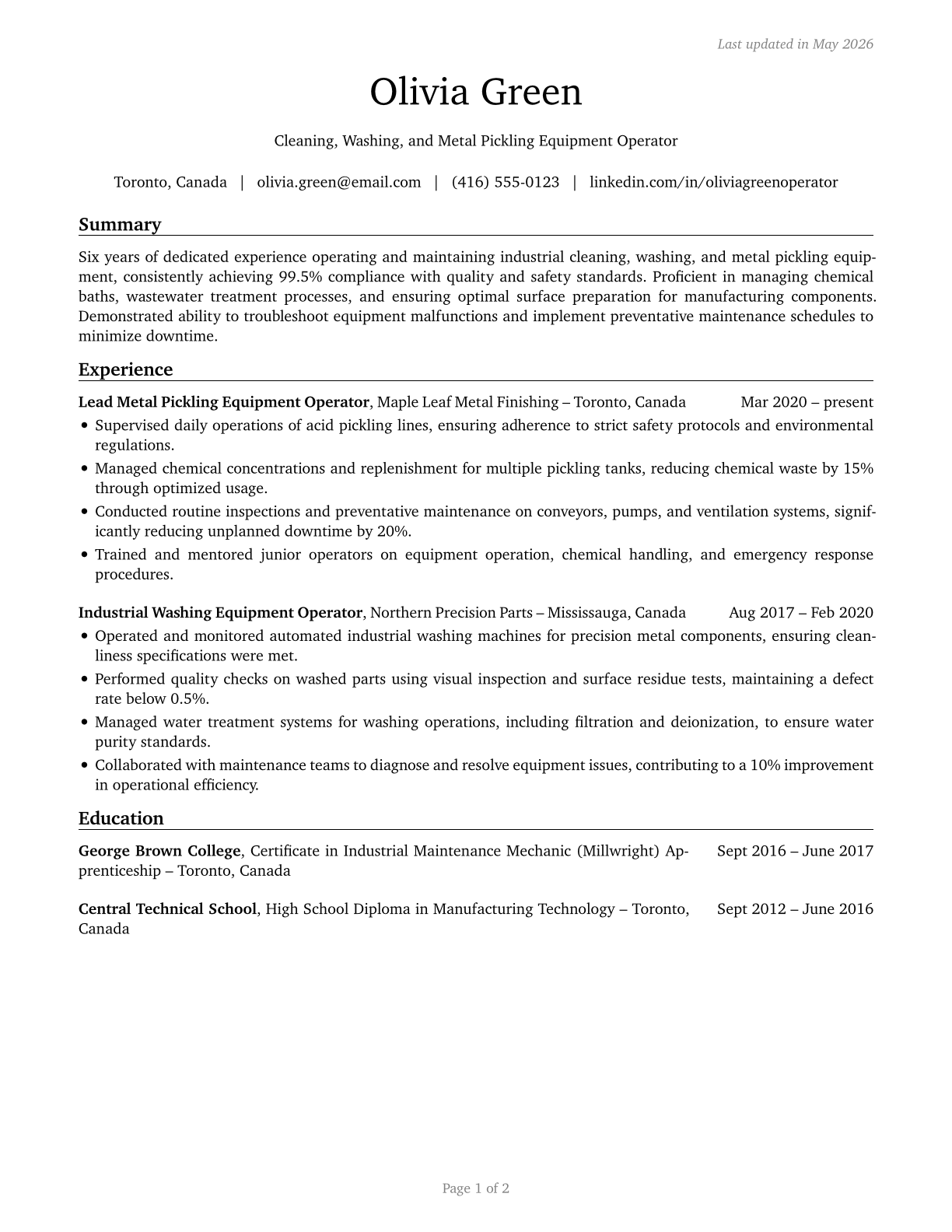 Cleaning, Washing, and Metal Pickling Equipment Operators and Tenders CV in English — page 1