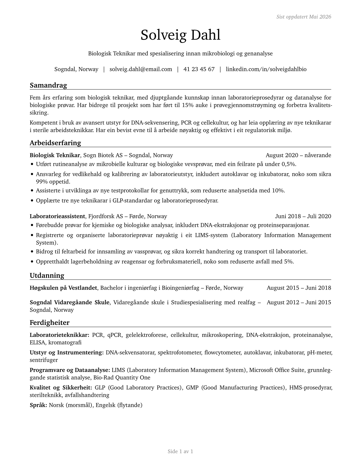 Biological Technicians CV in Norwegian_nynorsk — page 1