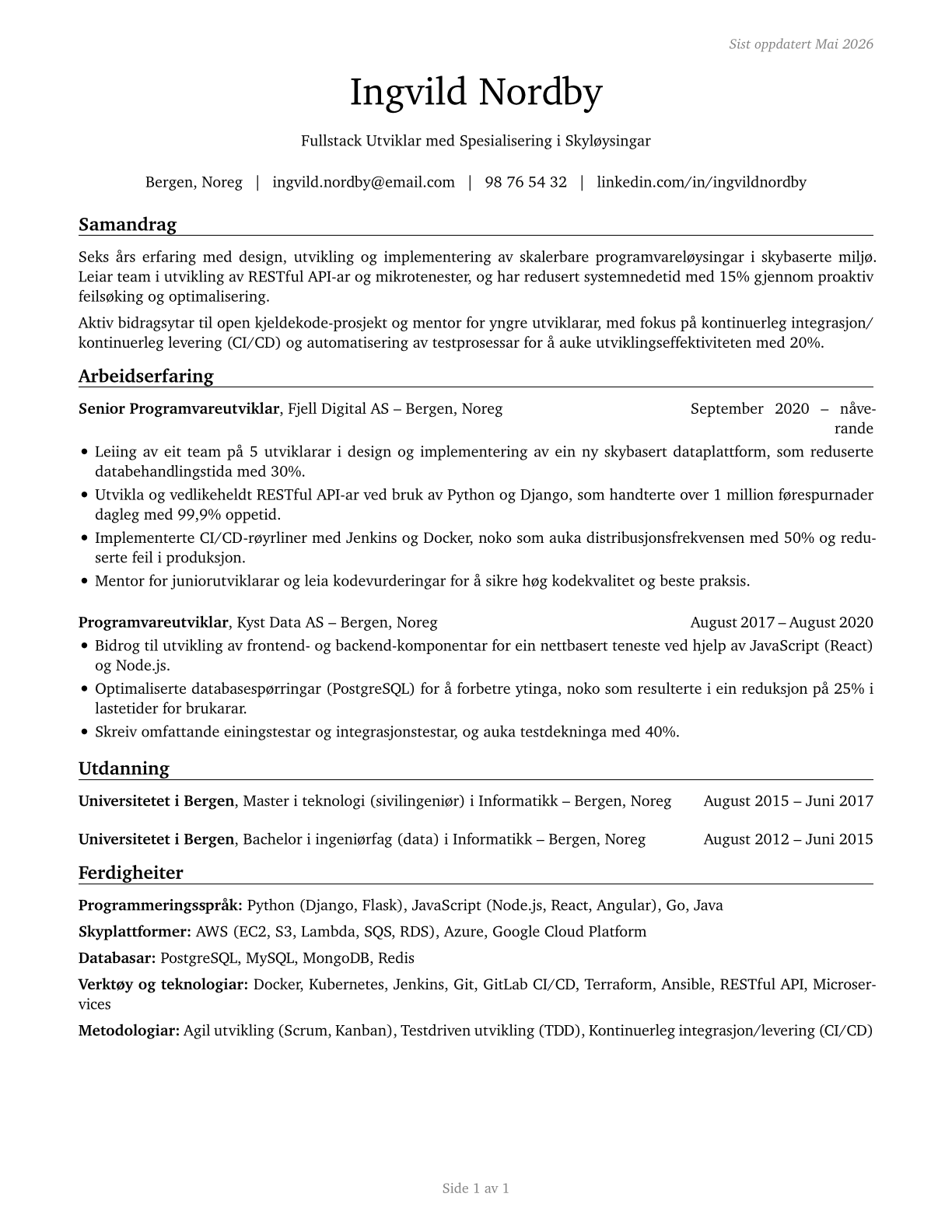 Computer Occupations, All Other CV in Norwegian_nynorsk — page 1