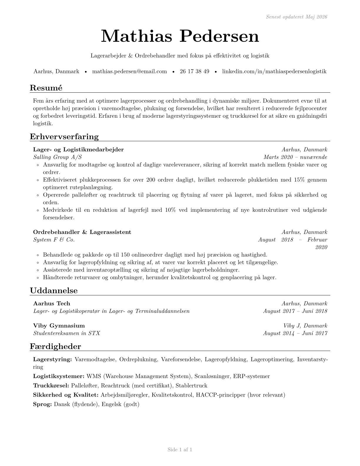 Stockers and Order Fillers CV in Danish — page 1